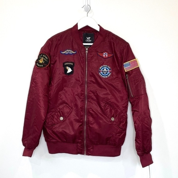 XRAY Burgundy Patched Flight Men's Bomber Jacket - Picture 2 of 8